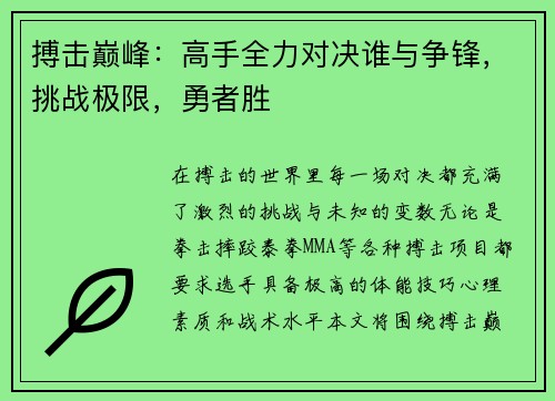搏击巅峰：高手全力对决谁与争锋，挑战极限，勇者胜