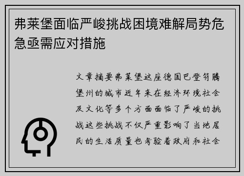 弗莱堡面临严峻挑战困境难解局势危急亟需应对措施