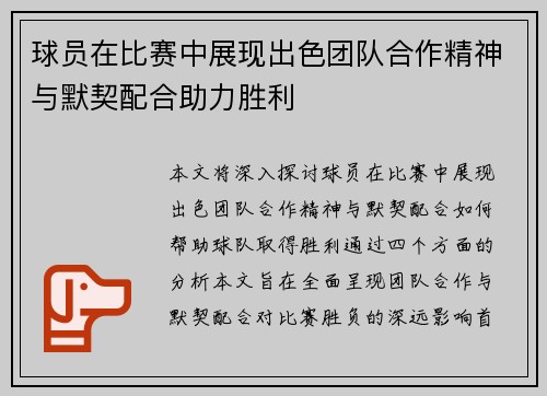 球员在比赛中展现出色团队合作精神与默契配合助力胜利