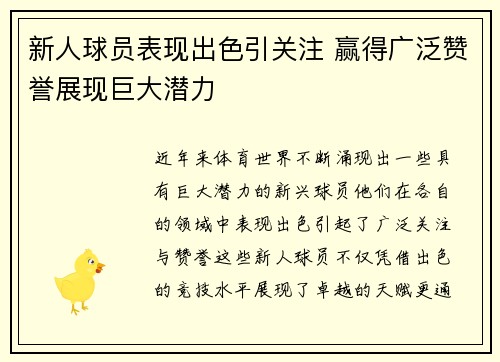 新人球员表现出色引关注 赢得广泛赞誉展现巨大潜力