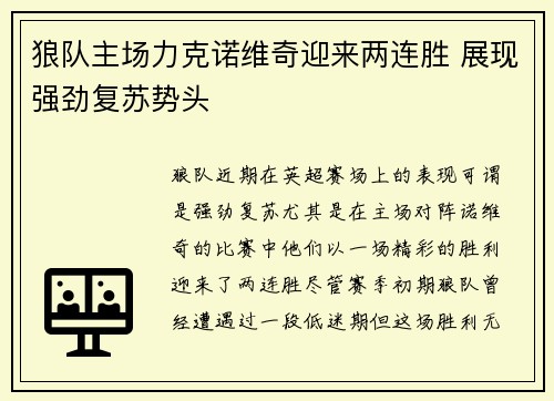 狼队主场力克诺维奇迎来两连胜 展现强劲复苏势头