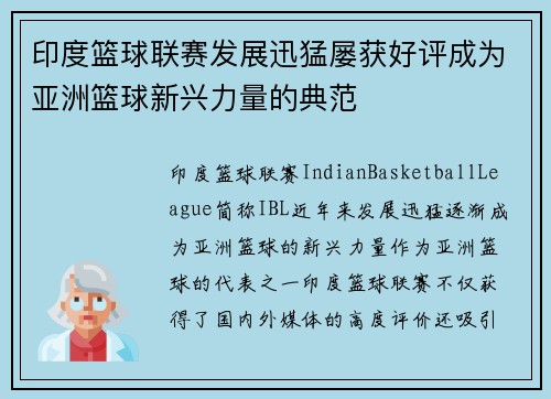 印度篮球联赛发展迅猛屡获好评成为亚洲篮球新兴力量的典范