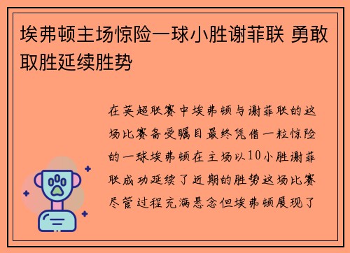 埃弗顿主场惊险一球小胜谢菲联 勇敢取胜延续胜势