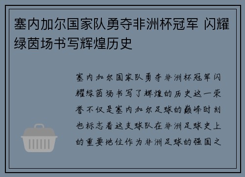塞内加尔国家队勇夺非洲杯冠军 闪耀绿茵场书写辉煌历史