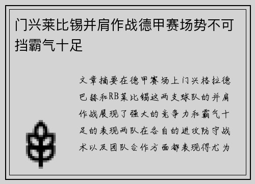 门兴莱比锡并肩作战德甲赛场势不可挡霸气十足